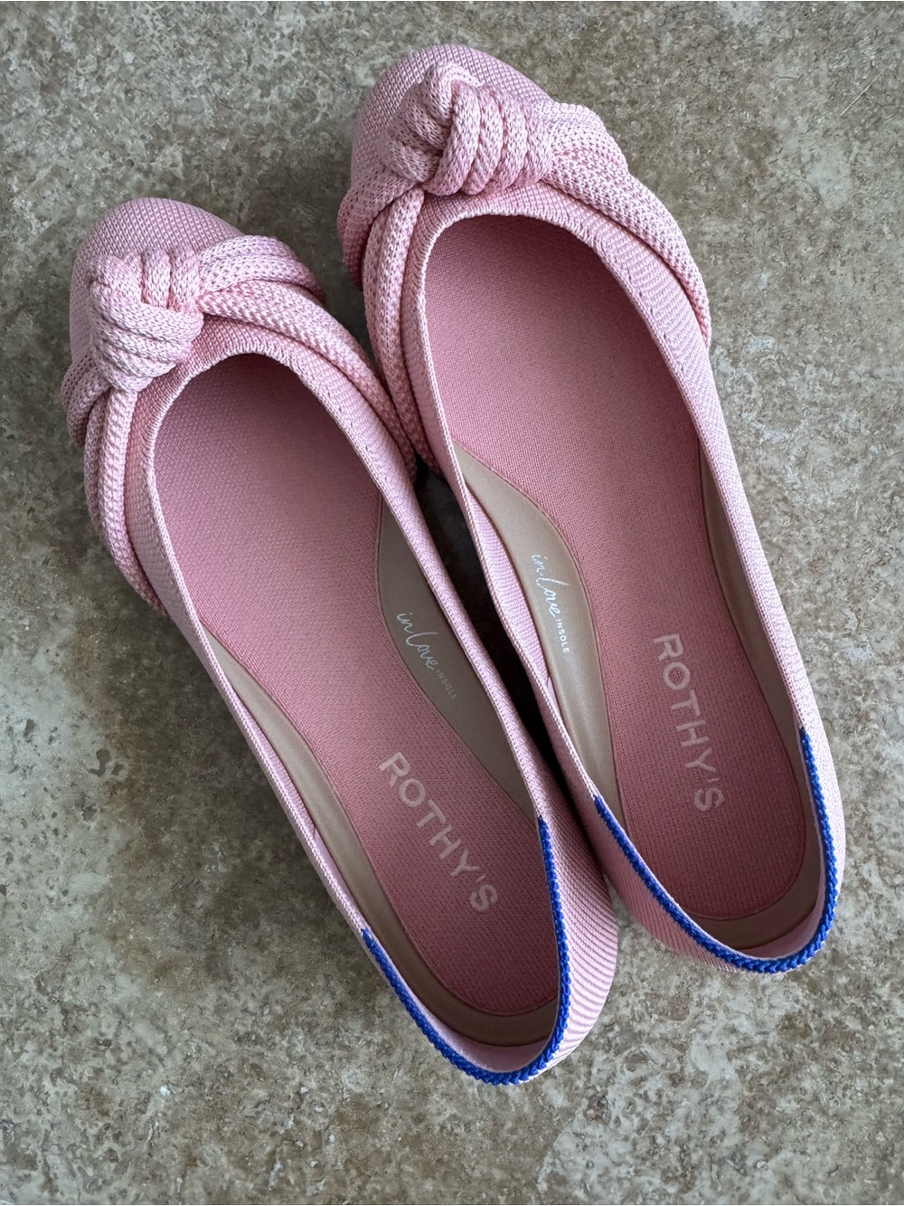 Rothy's Pink Knotted Ballet Flats with Blue Trim - Picture 1 of 2